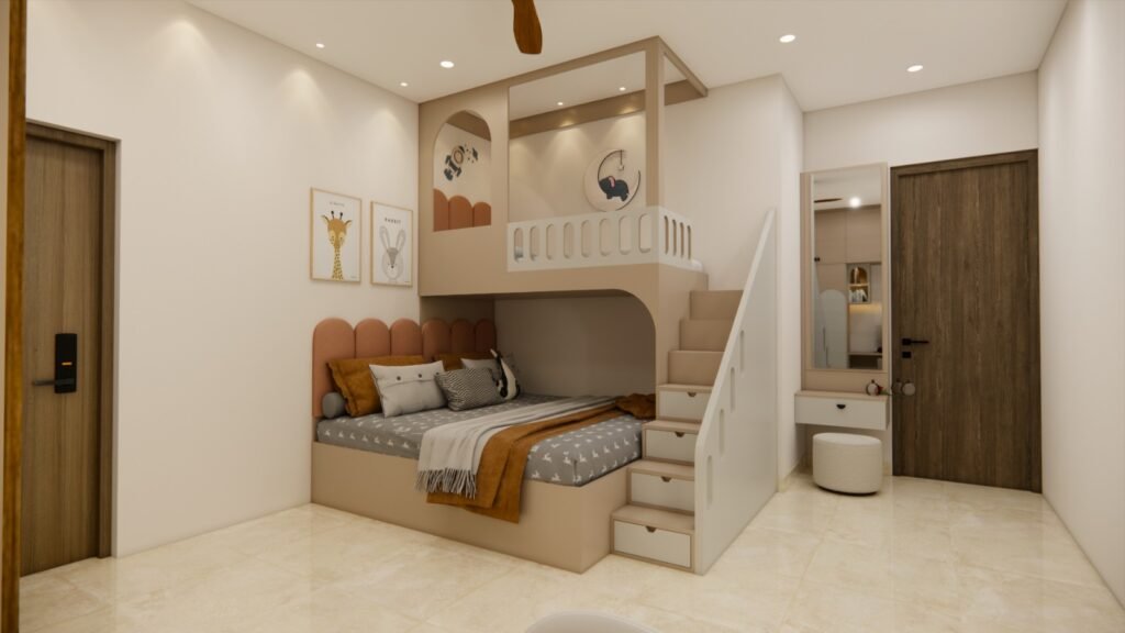 A child's bedroom featuring a built-in bunk bed with a top platform, a lower bed with a scalloped headboard, stairs with integrated drawers, a vanity with a mirror, and animal-themed artwork. The room has light-colored walls and flooring