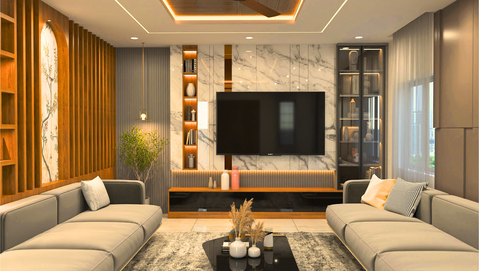 "Modern living room interior with a neutral color palette, stylish furniture, and soft lighting."