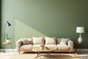 Minimalist beige sofa set against a soft green accent wall in a sunlit modern living room.
