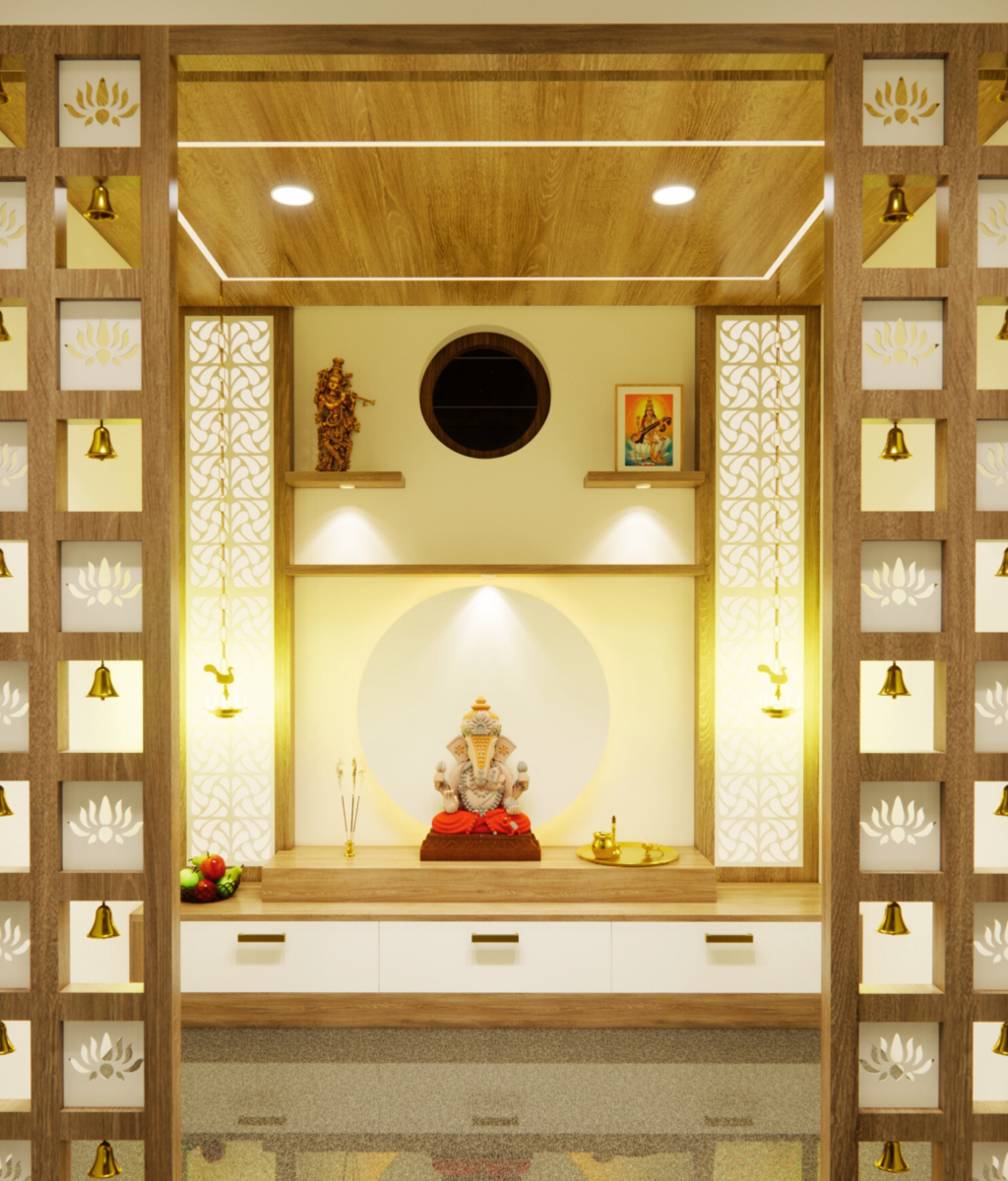 pooja room interior designs with wooden temple unit